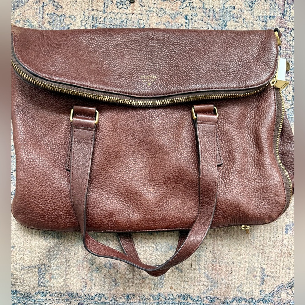 FOSSIL Preston Expandable Leather Tote Shoulder Bag purse Brown 14" x 15"